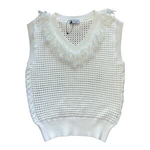 NWOT Leur Logette Fringed Sweater Vest Waffle Weave Cream Ivory